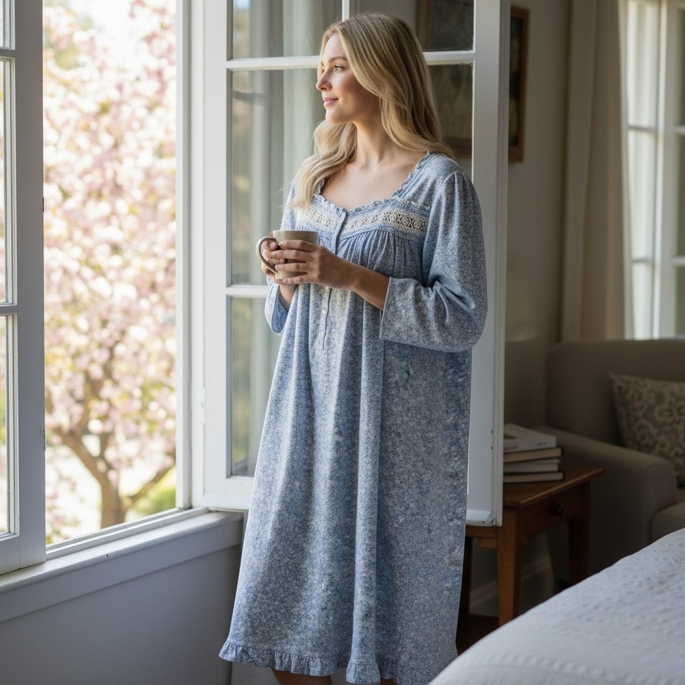 Eileen West Blue Floral Cotton Nightgown Long‎ Sleeve Lace Trim Ruffle Hem 3X